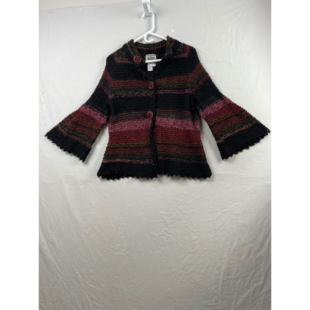 Curio Cardigan Sweater Womens L Black Multi Stripe Wool Blend Bell Sleeve Boho